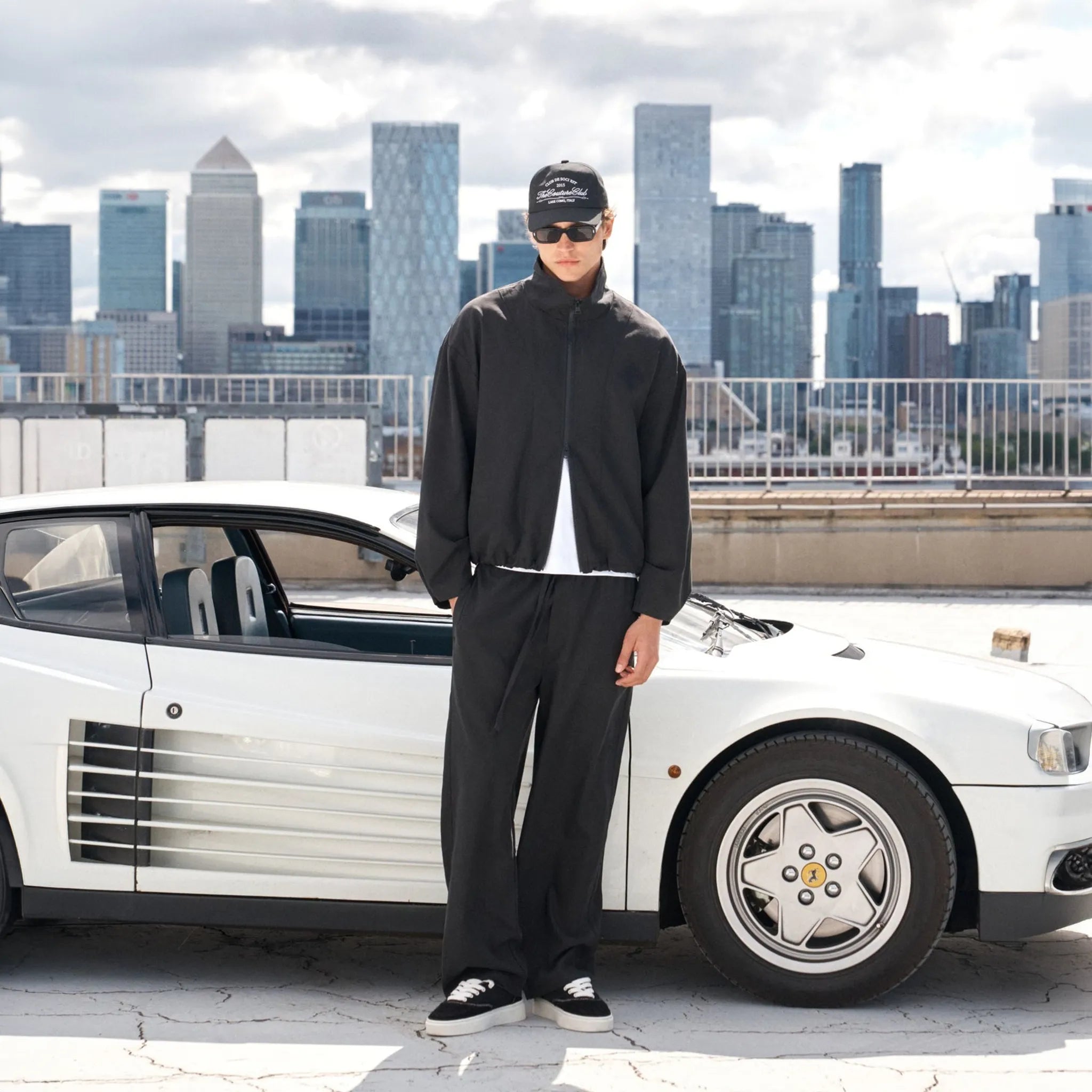 Front View of The Couture Cupro Panelled Black Trousers